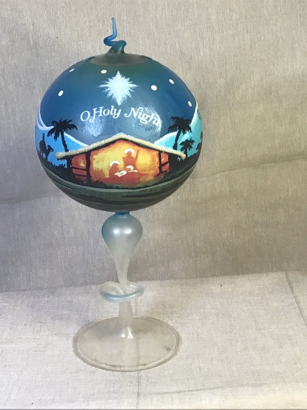 "O Holy Night Hand-reverse Painted Glass Nativity Ornament on a Stand Luminaries
